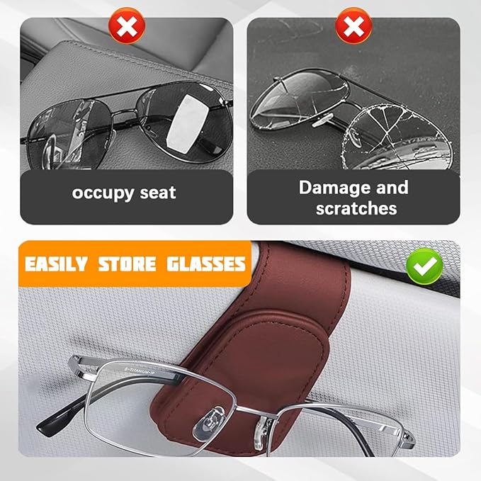Sunglasses Holder for Car Visor, Microfiber Leather Magnetic Sun Visor Eyeglasses Hanger & Ticket Card Clip, Multi-Function Automotive Interior Glasses Mount, Universal Fit (Wine Red)