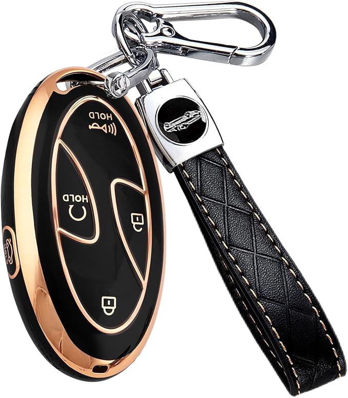 5 Buttons Compatible with Hyundai Key Fob Cover Accessories, Fits for Elanrtra Sonata Ioniq Santa Fe Santa Cruz KONA Tucson, Soft TPU Key Case with Leather Keychain (Black-Gold)