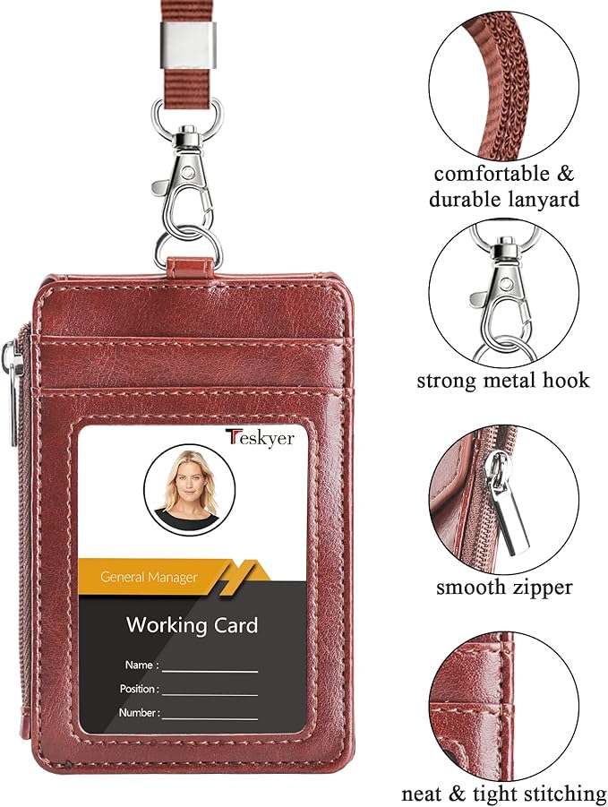 Teskyer Badge Holder with Side Zip Pocket, Multiple Card Slots Leather ID Holder Wallet with Neck Lanyard for Office Staffs, Teachers/Students, Couriers, Workers, Brown