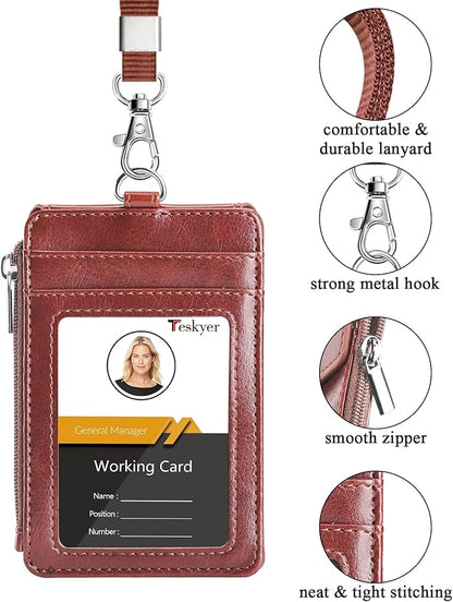Teskyer Badge Holder with Side Zip Pocket, Multiple Card Slots Leather ID Holder Wallet with Neck Lanyard for Office Staffs, Teachers/Students, Couriers, Workers, Brown