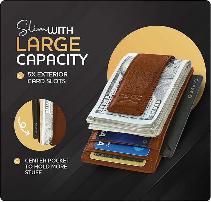 Claasico Men’s Leather Money Clip Wallet – Slim Front Pocket Wallet w/Super Strong Magnetic Clip, RFID Blocking, 5 Card Slots & Center Pocket + ID Window
