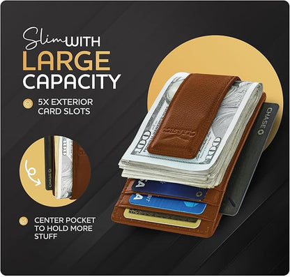 Claasico Men’s Leather Money Clip Wallet – Slim Front Pocket Wallet w/Super Strong Magnetic Clip, RFID Blocking, 5 Card Slots & Center Pocket + ID Window