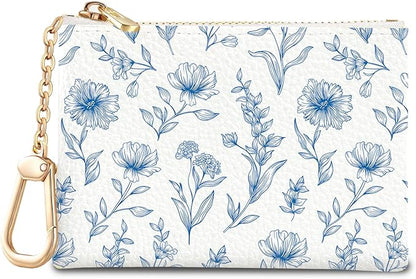 Blue Flower Keychain Coin Purse for Women, Abstract Small PU Leather Change Pouch, Zipper Little Tiny Travel Wallet for Girls, Cute Kawaii Zip Pocket Coin Holder with Key Ring