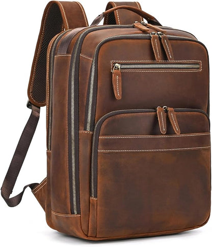 LUUFAN Full-grain Leather Brown Backpack for Men, 15.6 Inch Laptop Shoulder Bag Large Capacity Rucksack Business Daypack Travel Outdoor Bag with Trolley Sleeve