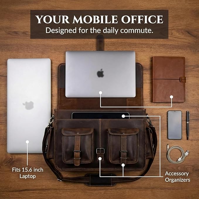 cuero Leather Messenger Bag for Men, 14 Inch Laptop Bag, Crossbody Bag Men, Vintage Handmade Leather Satchel Bag Full Grain Business Briefcase Shoulder Bag for Office/Work/Travel - Brown