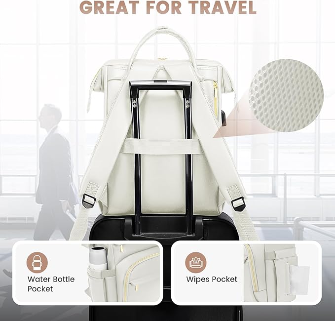 LOVEVOOK Leather Laptop Backpack for Women 15.6 inch,Travel Backpack Purse Nurse Teacher Backpacks Computer Laptop Bag,Professional College Business Work Carry On Backpack with USB Port,Beige White