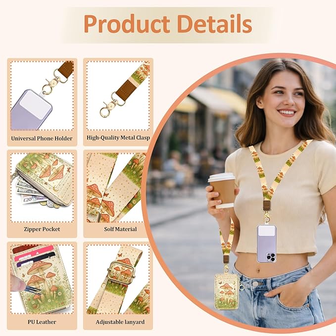Lanyard Wallet with ID Badge Holder, PU Leather Credit Card Holder with Zipper Pocket Phone Lanyard Wrist Strap Small RFID Wallet Women Keychain Wristlet Teacher Doctor Office-Mushroom