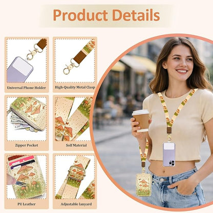 Lanyard Wallet with ID Badge Holder, PU Leather Credit Card Holder with Zipper Pocket Phone Lanyard Wrist Strap Small RFID Wallet Women Keychain Wristlet Teacher Doctor Office-Mushroom