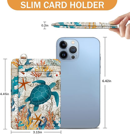 Yonlevres Credit Card Holder Slim Wallet, Sea Turtle RFID Wallet Women Front Pocket Small Card Holder Travel Cute Funny Thin Card Case ID Window PU Leather RFID Blocking Card Organizer Gifts Girls