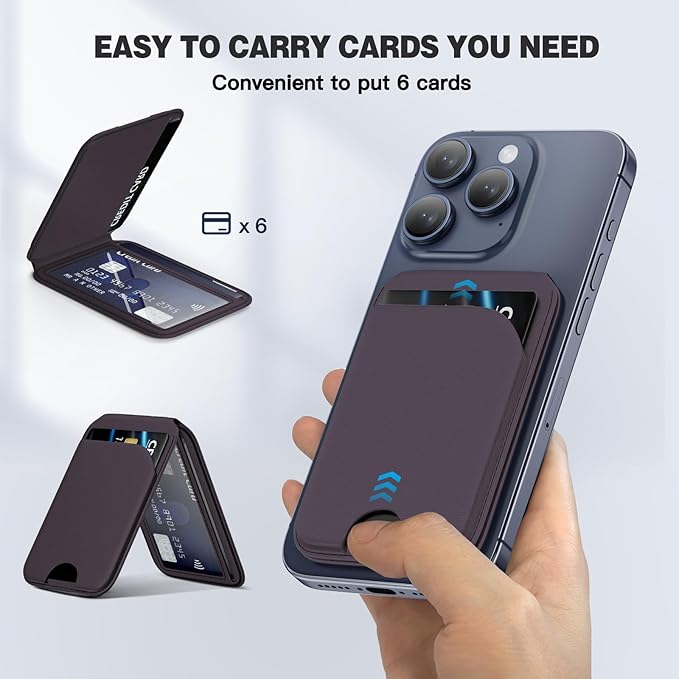 QYQBOON Mag-Safe Wallet Strongest Magnetic Lightweight Phone Wallet Stand Adjustable Leather Card Holder for iPhone 17/16/15/14/13/12 Series, Not for iPhone 13/12 Mini (Purple)