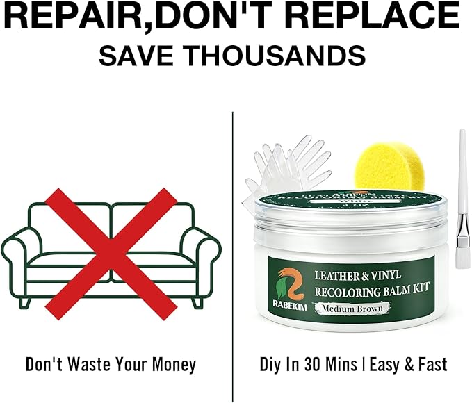White Leather Repair Kit, Leather Recoloring Balm – Restore & Repair Faded Leather on Couches, Car Seats, Shoes & Furniture | Leather Color Restorer & Conditioner | Easy DIY Application