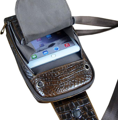 Hebetag Crocodile Genuine Leather Sling Bag Backpack for Men Travel Outdoor Hunting Hiking Camping Crossbody Shoulder Chest Pack Daypack Coffee