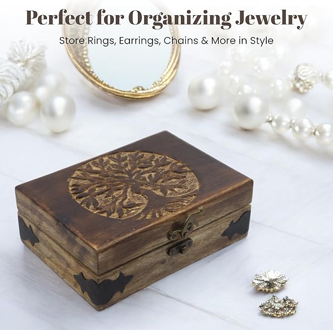 Handmade Wooden Jewelry Box with Tree of Life Engraving – Antique Handcarved Keepsake Organizer for Women & Men | Solid Wood Storage Box for Jewelry, Trinkets, Gifts & Home Décor