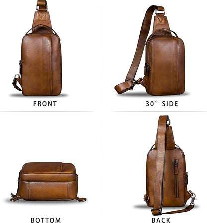 Genuine Leather Sling Bag for Men and Women Vintage Real Leather Sling Backpack Shoulder Crossbody Bags Chest Purse