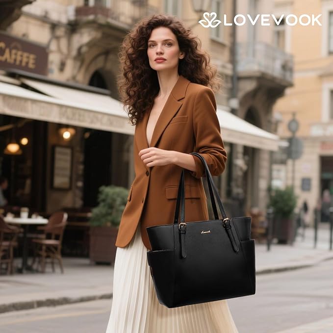 LOVEVOOK Laptop Tote Bag for Women With Large Cup Holder, Leather Work Tote Bag for Women,15.6 Inch Professional Computer Briefcase Business Teacher Commuter Shoulder Bag,Office Travel Gift