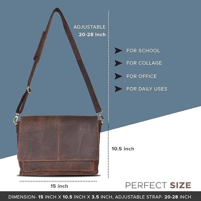 Oak Leathers Leather Messenger Bag for Men and Women - Laptop Briefcase Bag For College, Office, Adjustable Shoulder Strap