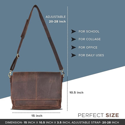 Oak Leathers Leather Messenger Bag for Men and Women - Laptop Briefcase Bag For College, Office, Adjustable Shoulder Strap