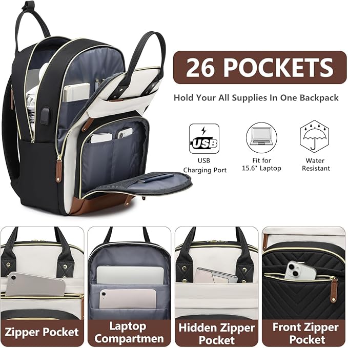 Backpack for Women 15.6 Inch Laptop Backpack Work Business Backpacks Purse Waterproof Computer College Backpacks Nurse Bag Backbag 2 Sets Casual Daypack for Travel Black