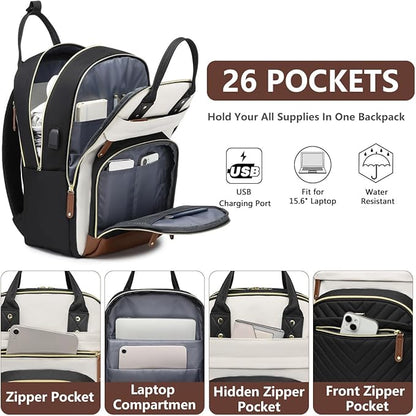 Backpack for Women 15.6 Inch Laptop Backpack Work Business Backpacks Purse Waterproof Computer College Backpacks Nurse Bag Backbag 2 Sets Casual Daypack for Travel Black