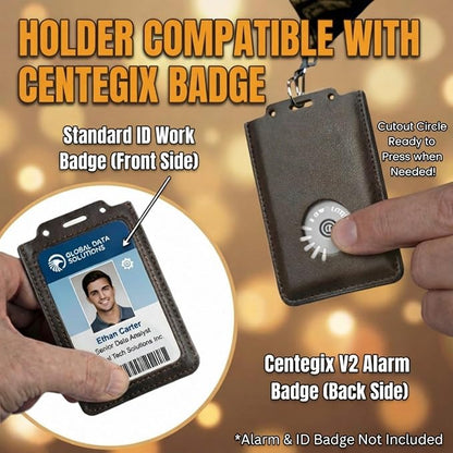 CPLIKE Vertical ID Badge Holder Compatible with Centegix CrisisAlert V2, Premium PU Leather Case with Emergency Button Cutout, Slim 2-in-1 Alarm & ID Card Slot for Teachers & Nurses, Brown