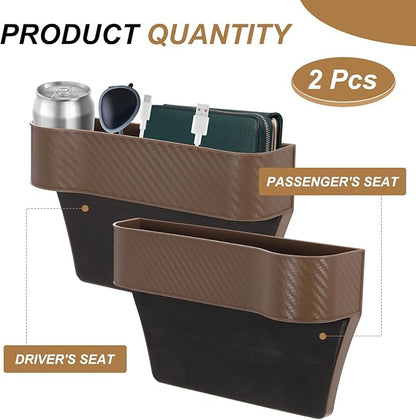 HARFINGTON 2pcs Car Seat Gap Filler Organizer 10.2 x 6.5 x 2.8 Inch PP Universal Car Organizer Storage Box Between Seat and Console (Left+Right) with Cup Holders for Phone Sunglasses, Brown
