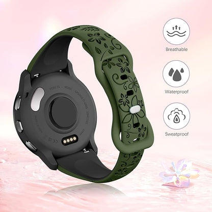 Laband 18mm Floral Engraved Band Compatible With Garmin Venu 3S 41mm/Venu 2S/Vivoactive 4S/Vivomove 3S/Venu 4 41mm/Forerunner 255S/Forerunner 265S,Soft Slim Silicone Cute Embossed Flower Strap for Men