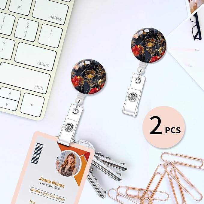 2 Pack Badge Reels Holder Retractable with ID Clip for Nurse Name Tag Card Nursing for Doctor Teacher Student Employee Office Medical Work (Groovy Flower)