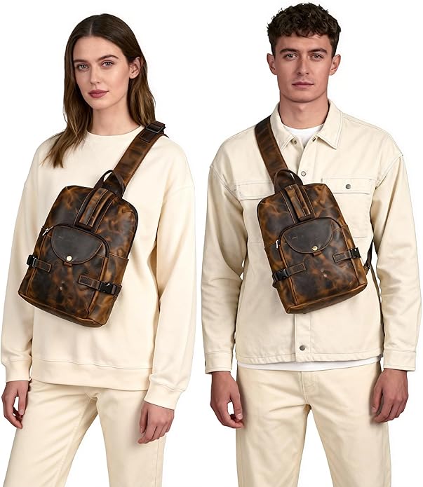 Thick Crazy horse Leather Triangle Crossbody Sling Chest Bag Travel One Shoulder Bag Daypack For Men Male 3028