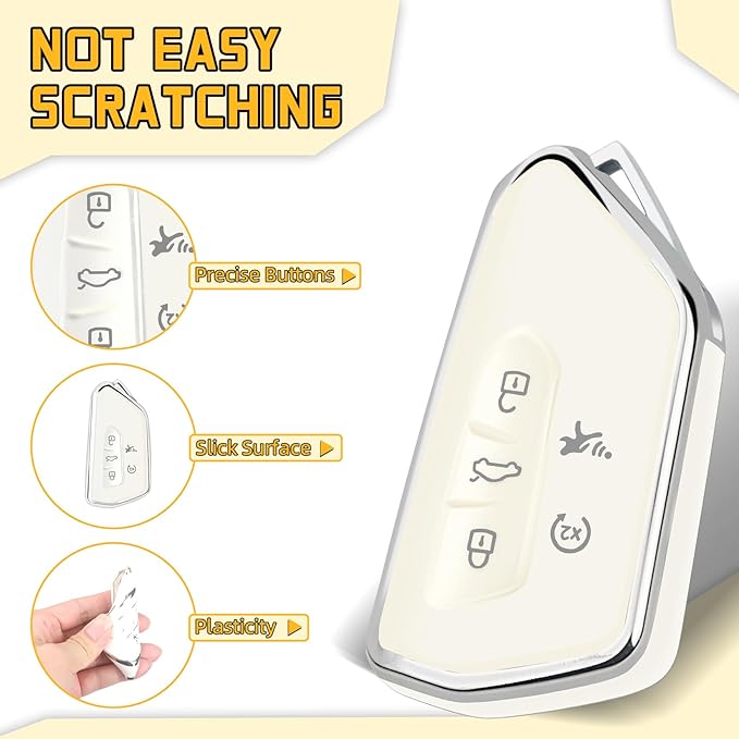 FT FUNTOR Key Fob Cover for Volkswagen,Soft TPU Full Protection Case Compatibale With VW Golf GTI Atlas Skoda Octavia ID3 ID4 MK8 (White, 5 Buttons)