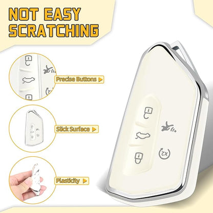 FT FUNTOR Key Fob Cover for Volkswagen,Soft TPU Full Protection Case Compatibale With VW Golf GTI Atlas Skoda Octavia ID3 ID4 MK8 (White, 5 Buttons)