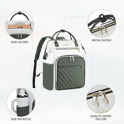 VANKEAN 17 Inch Laptop Backpack for Women Fashion Computer Work Bag, Large Capacity Waterproof Backpack, College Daypack Business Travel, Beige-Army green