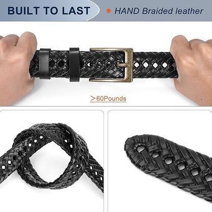 BELTROAD Braided Leather Belt for Men Casual Jeans Golf, Men's Leather Woven Alloy Buckle Hand Braided Belts Gift for Men