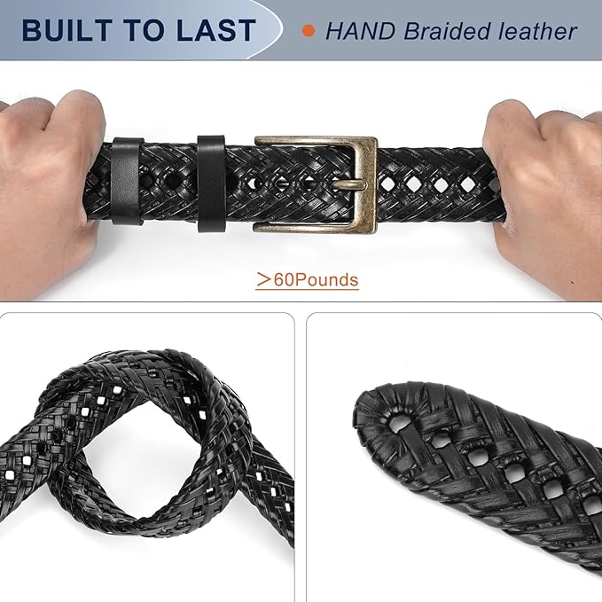 BELTROAD Braided Leather Belt for Men Casual Jeans Golf, Men's Leather Woven Alloy Buckle Hand Braided Belts Gift for Men