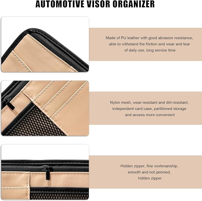 Car Sun Visor Organizer, PU Leather Multi-Pocket Visor Storage Pouch with Zipper, Auto Interior Document Holder Sunvisor Card Sleeve Pocket Organizer for Driving License Pen Key (Beige)