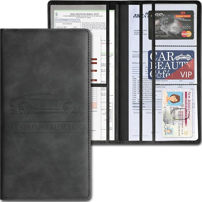 Car Accessories Registration and Insurance Holder,Leather Essential Card Magnetic Shut Vehicle Glove Box Organizer Case for Auto Driver License Document Truck Motorcycle Boat Men Women,Black