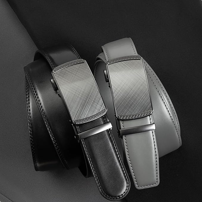 Founders & C Mens Belt 2 Pack,Leather Ratchet Click Belt Dress with Slide Buckle 1 3/8" in Gift Set Box- Size Adjustable