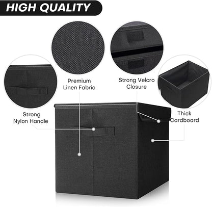 Bagnizer Large 22 Quart Linen Fabric Foldable Storage Bin Cube Organizer Basket with Flip-Top Lid & Handles, Clothes Blanket Box for Home, Office, Closet, Black, 4 Pack 14.6 x 9.5 x 9.5”