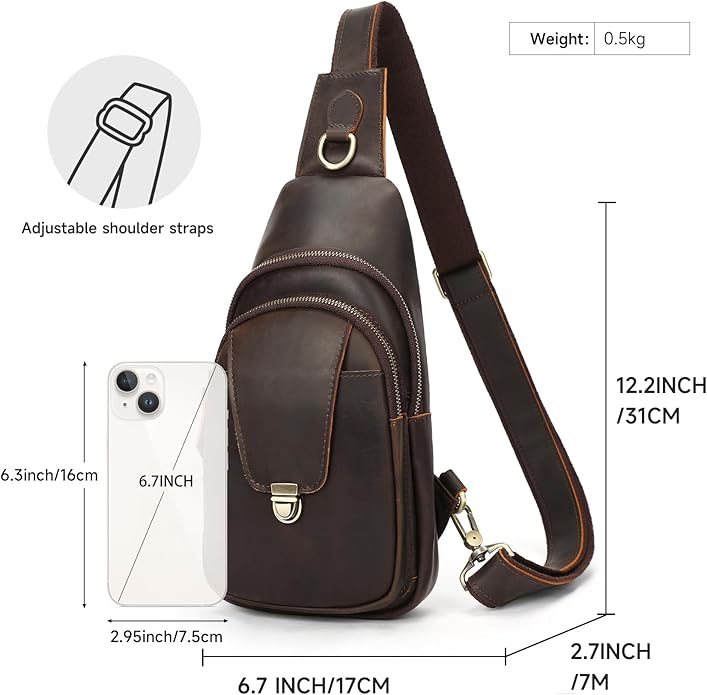 NIUCUNZH Genuine Leather Sling Bag Front Metal-Latch Crossbody Bags Handmade Vintage Chest Shoulder Backpack for Women Men