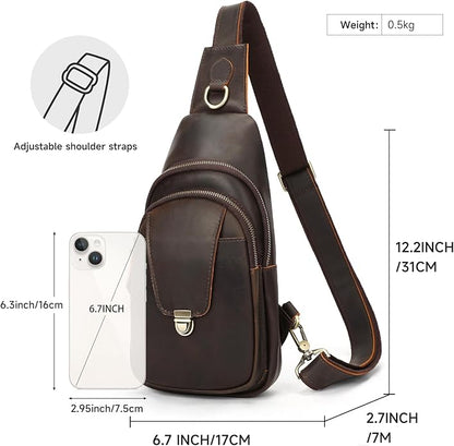 NIUCUNZH Genuine Leather Sling Bag Front Metal-Latch Crossbody Bags Handmade Vintage Chest Shoulder Backpack for Women Men