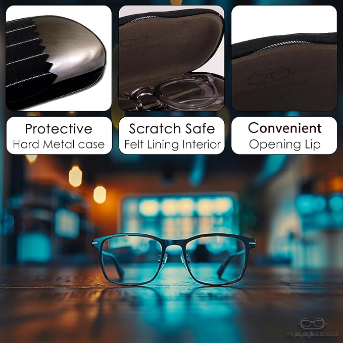 MyEyeglassCase Men's Medium Glasses Case - Classic Eyeglasses Hard Shell Holder, Elegant Easy Open Lip with Pouch and Cloth