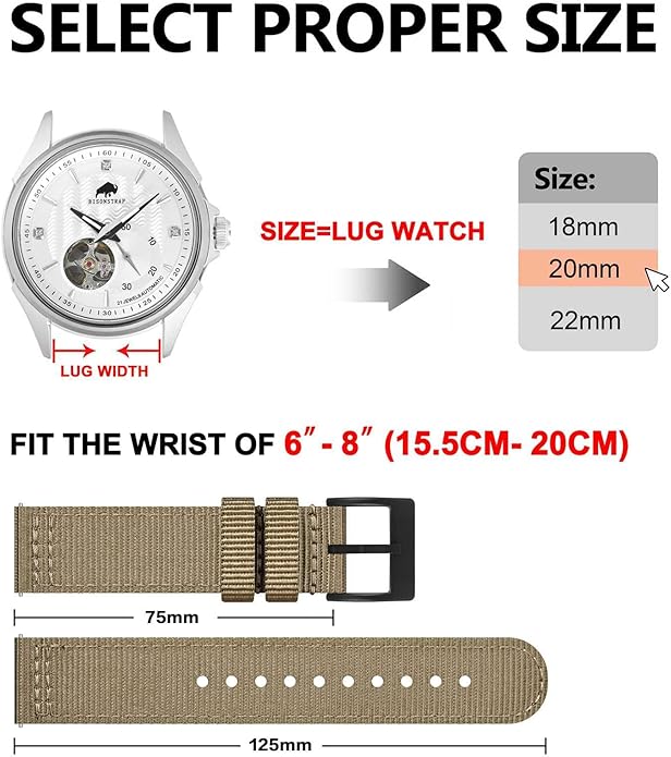 BISONSTRAP Men’s Nylon Watch Bands, Two-Piece Military Watch Straps, Quick Release, Brushed Buckle, Band Width 18mm 19mm 20mm 22mm