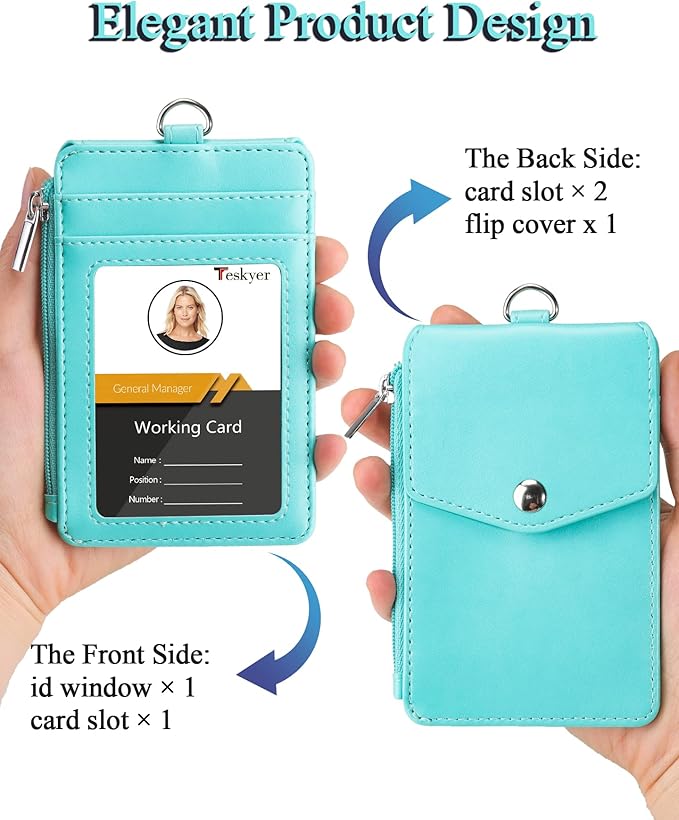 Teskyer Badge Holder with Side Zip Pocket, Multiple Card Slots Leather ID Holder Wallet with Neck Lanyard for Office Staffs, Teachers/Students, Couriers, Workers, Cyan