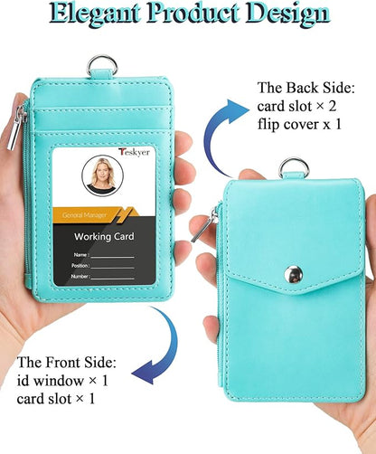 Teskyer Badge Holder with Side Zip Pocket, Multiple Card Slots Leather ID Holder Wallet with Neck Lanyard for Office Staffs, Teachers/Students, Couriers, Workers, Cyan