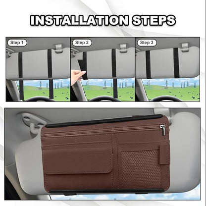 Car Sun Visor Storage Bag, Soft Leather Surface Organizer, Scratch-Resistant Auto Sunshade Organizer Bag, Can Store ID Card, Eyeglasses, Pen, Driving License etc (Brown)