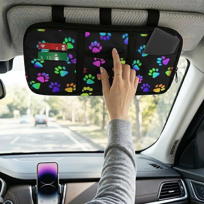 Car Sun Visor Storage Bag Colorful Dog Paw Spots Car SUV Storage Pouch Holder Auto Interior Accessories Pocket Organizer with Multi-Pocket