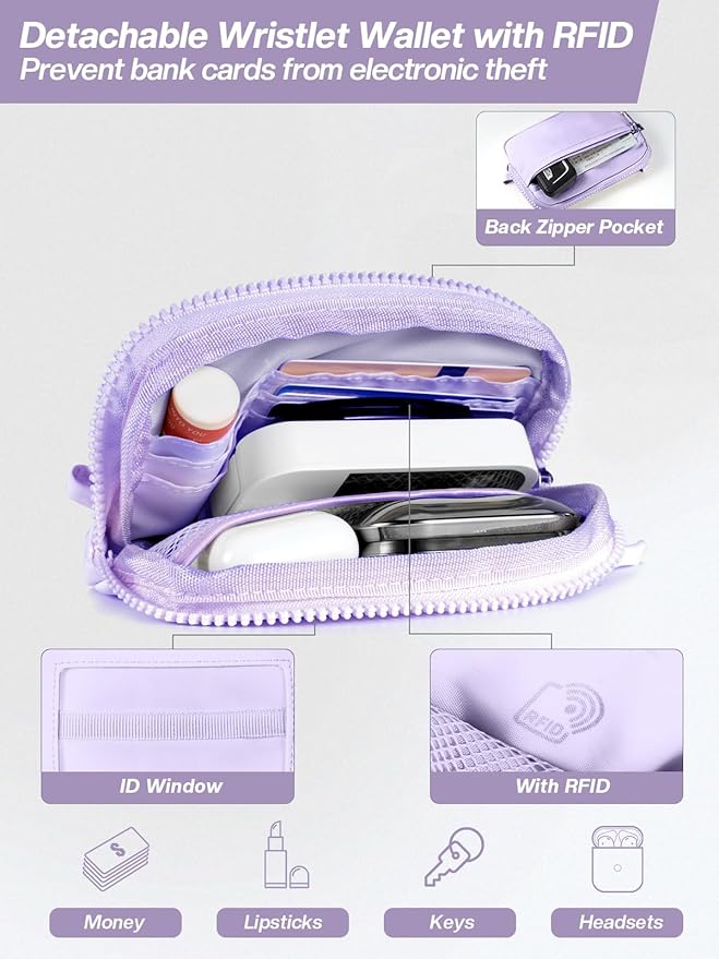 Tiostep Clip and Go Strap for Phone with Wallet Crossbody Phone Lanyard Adjustable and Detachable RFID Wristlet Wallet with ID Window and Zipper, Purple