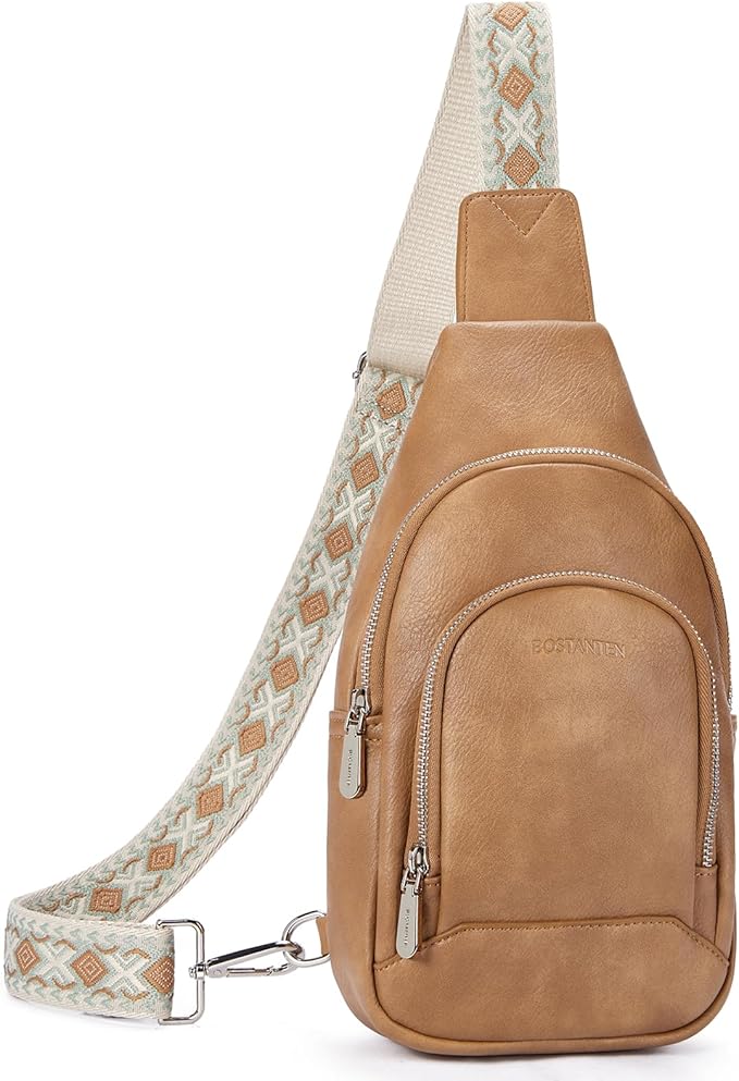 BOSTANTEN Sling Bag for Women Leather Crossbody Bag Vintage Cross Body Purse for Travel with Guitar Strap, Bohemian Style