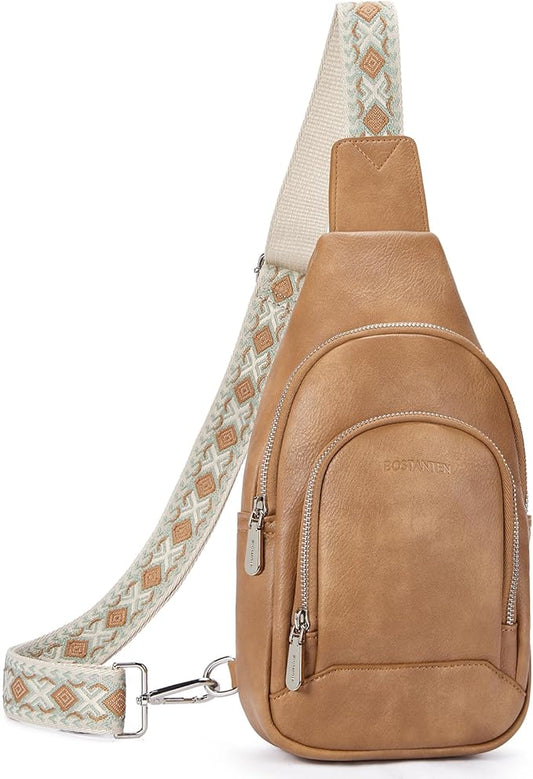 BOSTANTEN Sling Bag for Women Leather Crossbody Bag Vintage Cross Body Purse for Travel with Guitar Strap, Bohemian Style