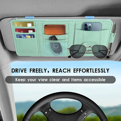 Car Sun Visor Organizer, Leather Pocket Organizer Sunglass Holder for Car Interior Accessories with Multi-Pocket Net Zipper
