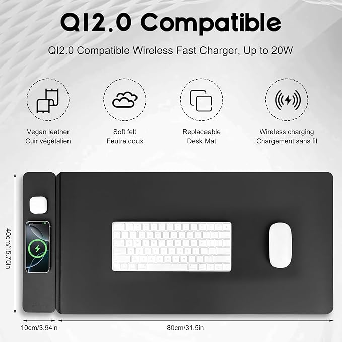 Wireless Charging Mouse Pad with 2nd Gen Tech, 3-in-1 25W Fast Charger, Microfiber Leather Desk Mat, Large Waterproof Desk Pad for Office & Gaming(Leather Adds Universal Charging Cable)
